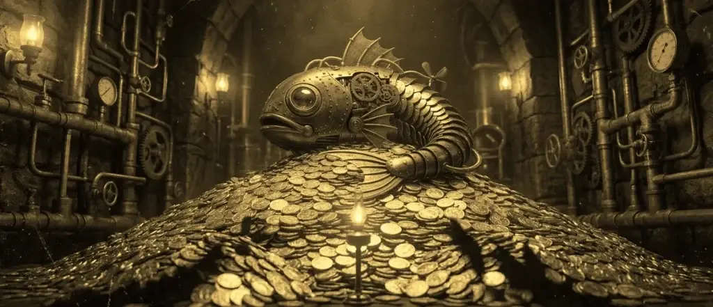 Steampunk fish sculpture perched on a mound of gold coins in a dim underground vault with pipes and gauges far in the background.