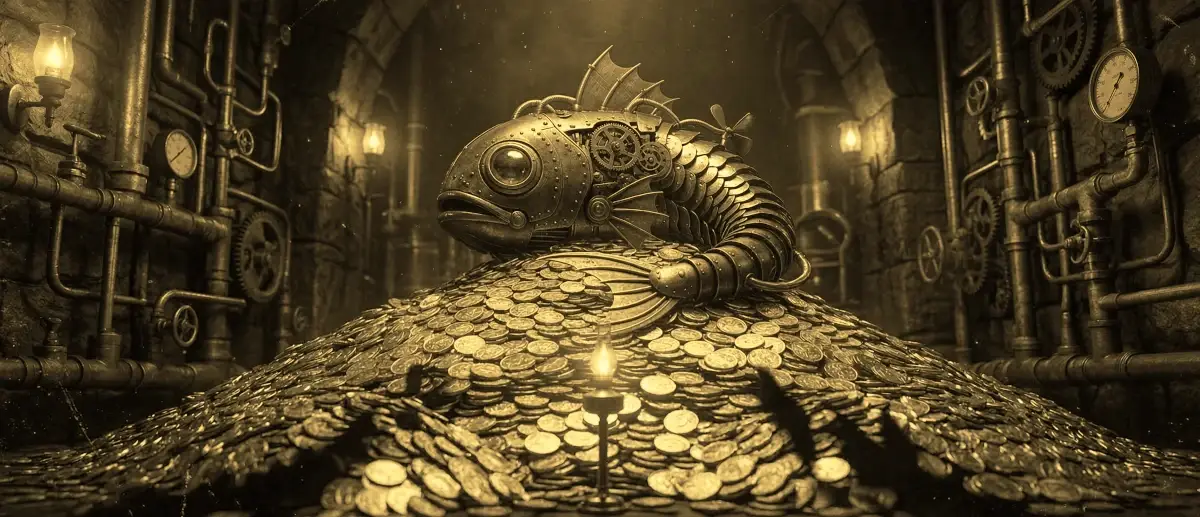 Steampunk fish sculpture perched on a mound of gold coins in a dim underground vault with pipes and gauges far in the background.