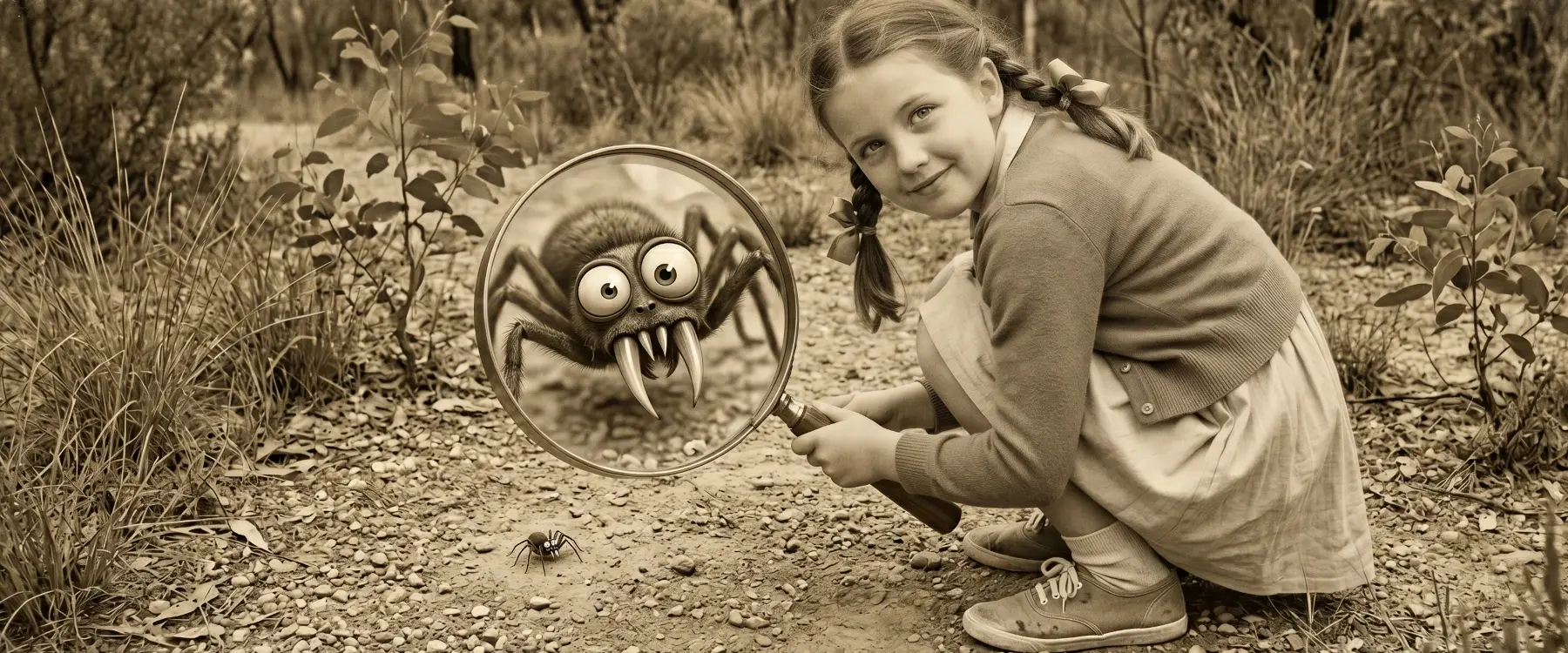 Young girl crouching outdoors, examining a spider with a magnifying glass.