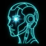 Neon cyan line drawing of a helmeted figure with a round visor against a black background.
