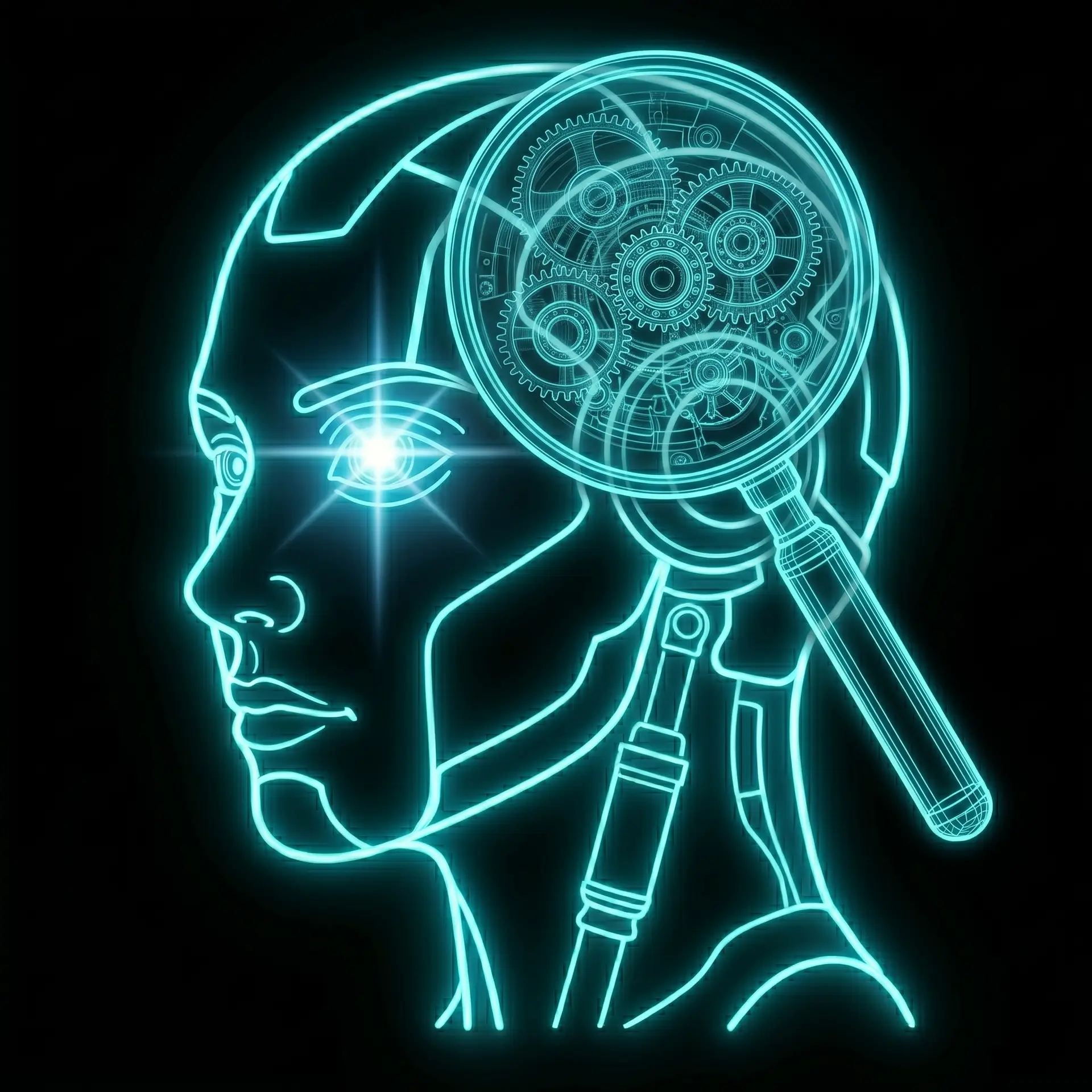 Neon blue illustration of a human head silhouette with inner gears and a glowing tool, representing artificial intelligence.