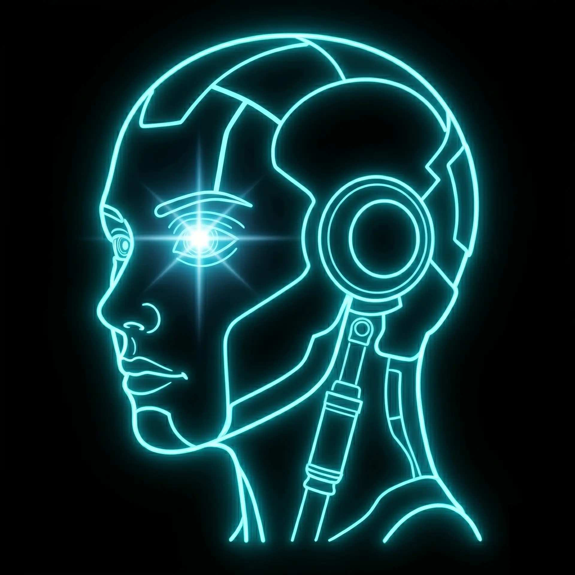 Neon cyan line drawing of a helmeted figure with a round visor against a black background.