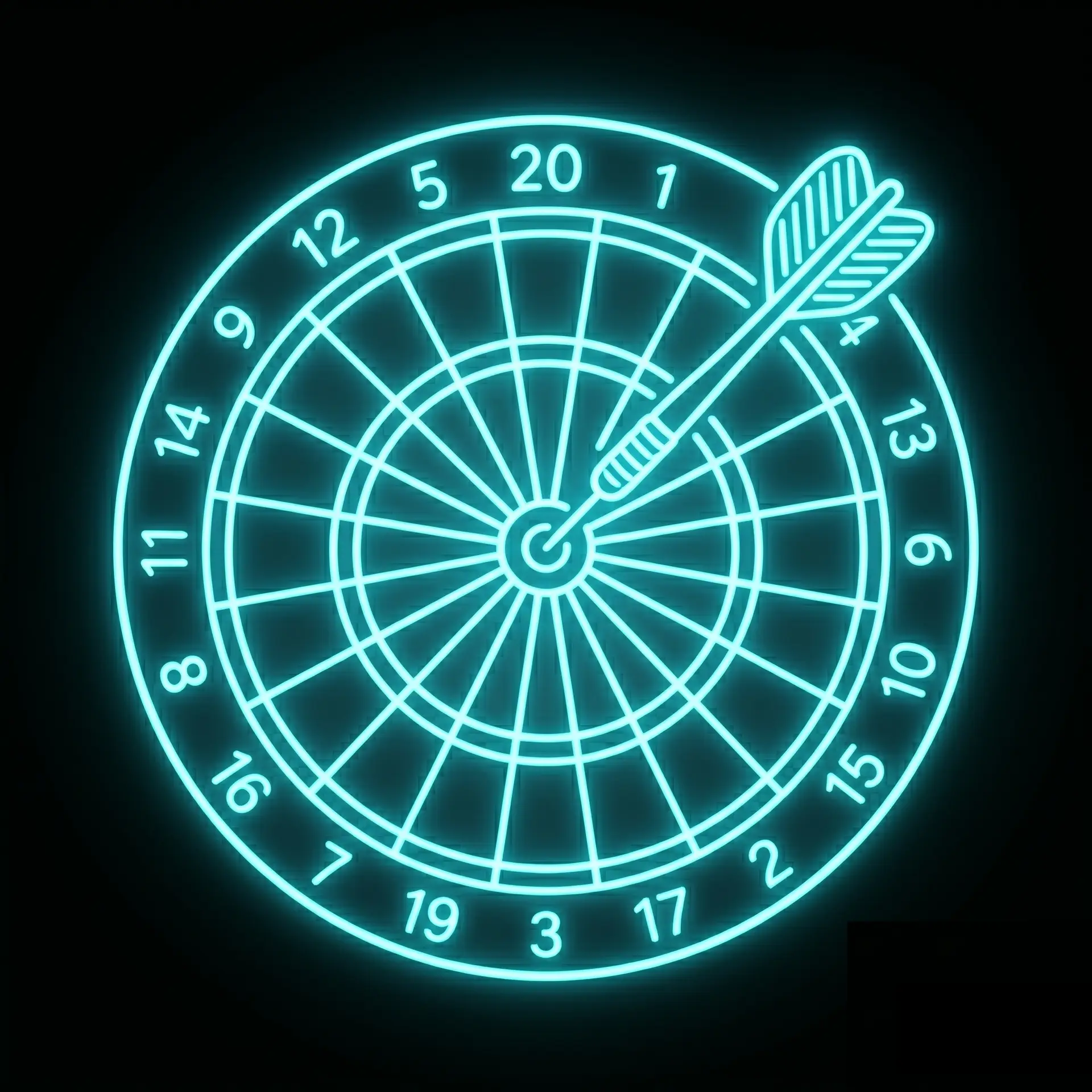 Neon blue dartboard diagram with concentric rings and a dart crossing the board nearby the outer edge.