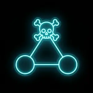 Glowing teal neon skull-and-crossbones illustration against a dark background, resembling a neon sign.