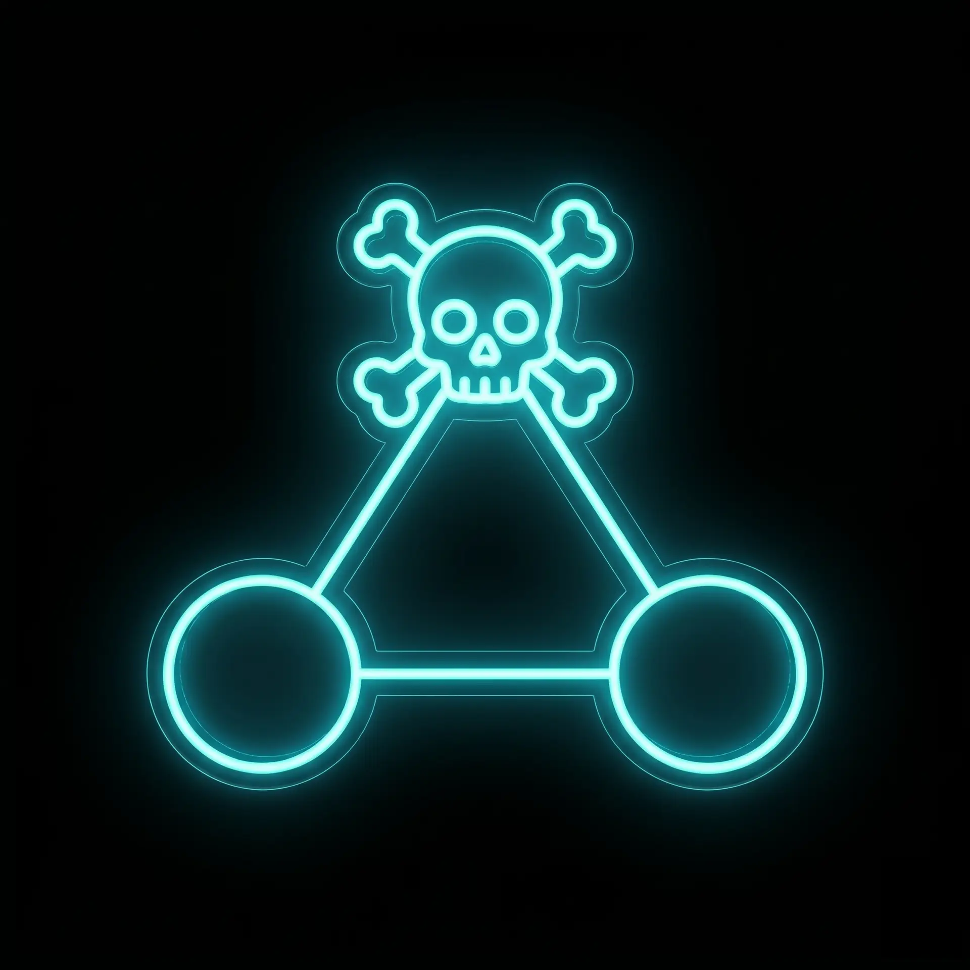 Glowing teal neon skull-and-crossbones illustration against a dark background, resembling a neon sign.