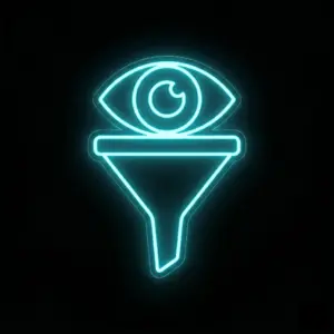 Neon blue eye emblem glowing against a dark background, centered in the frame.