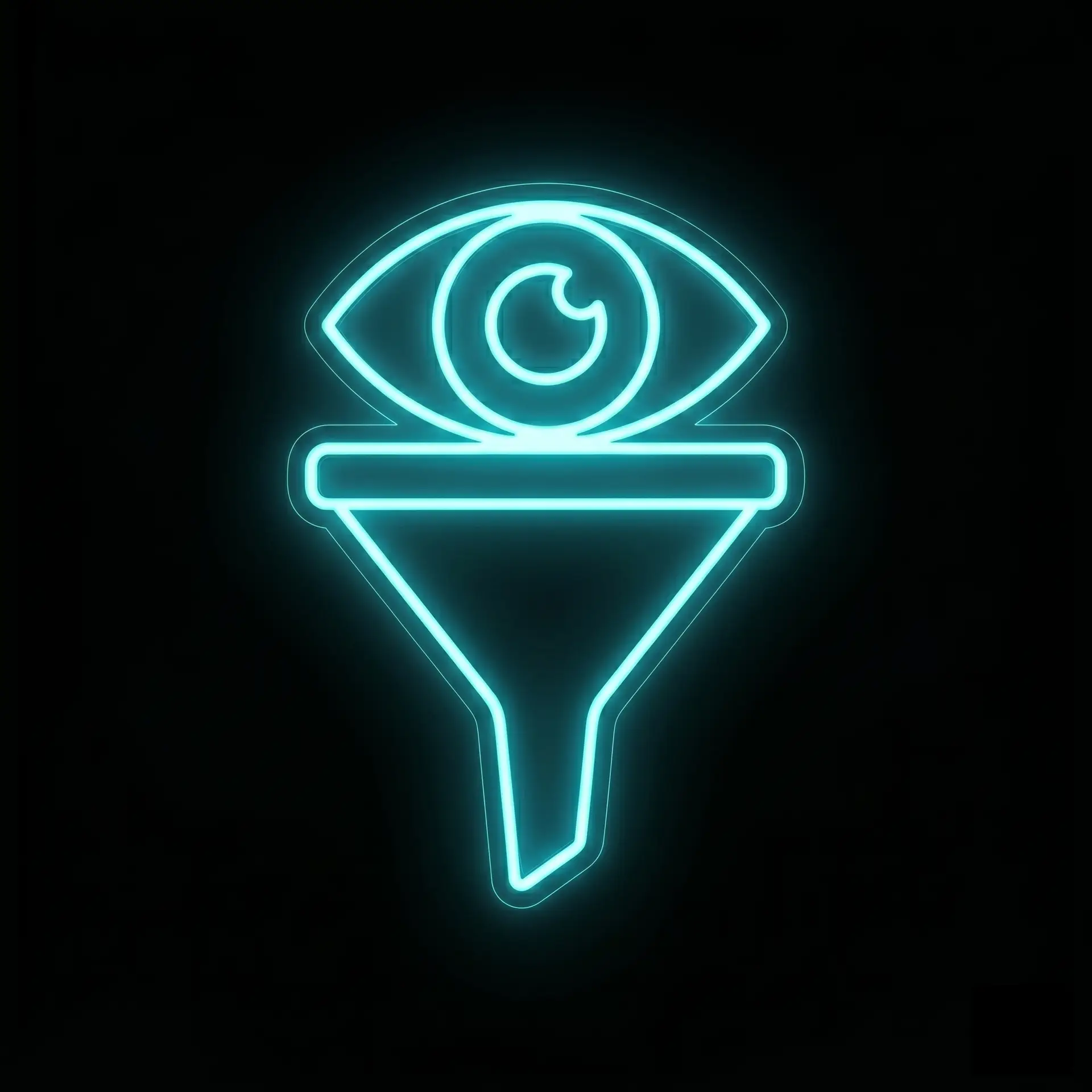 Neon blue eye emblem glowing against a dark background, centered in the frame.