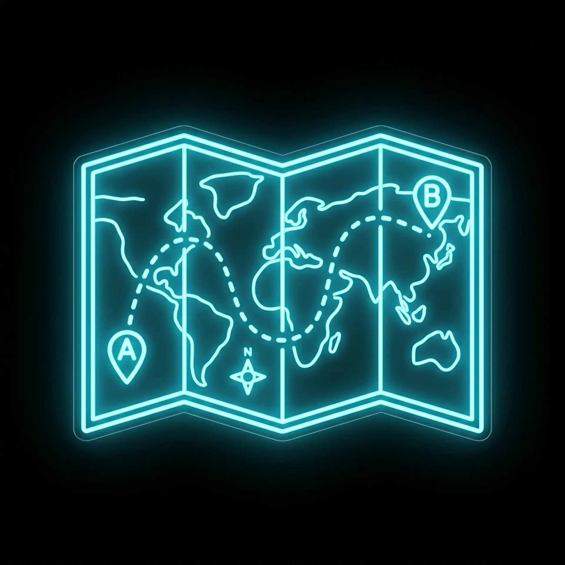 Neon blue world-map schematic inside a glowing hexagonal frame with dotted travel routes and points A and B