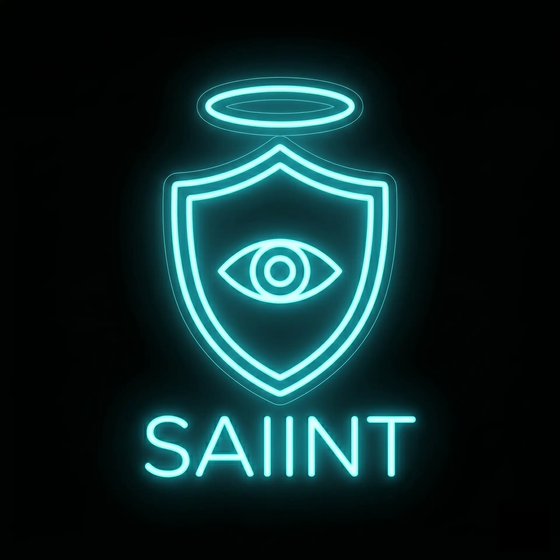 Blue neon sign showing a shield outline with a halo above it and the word 'SAINT' glowing below.