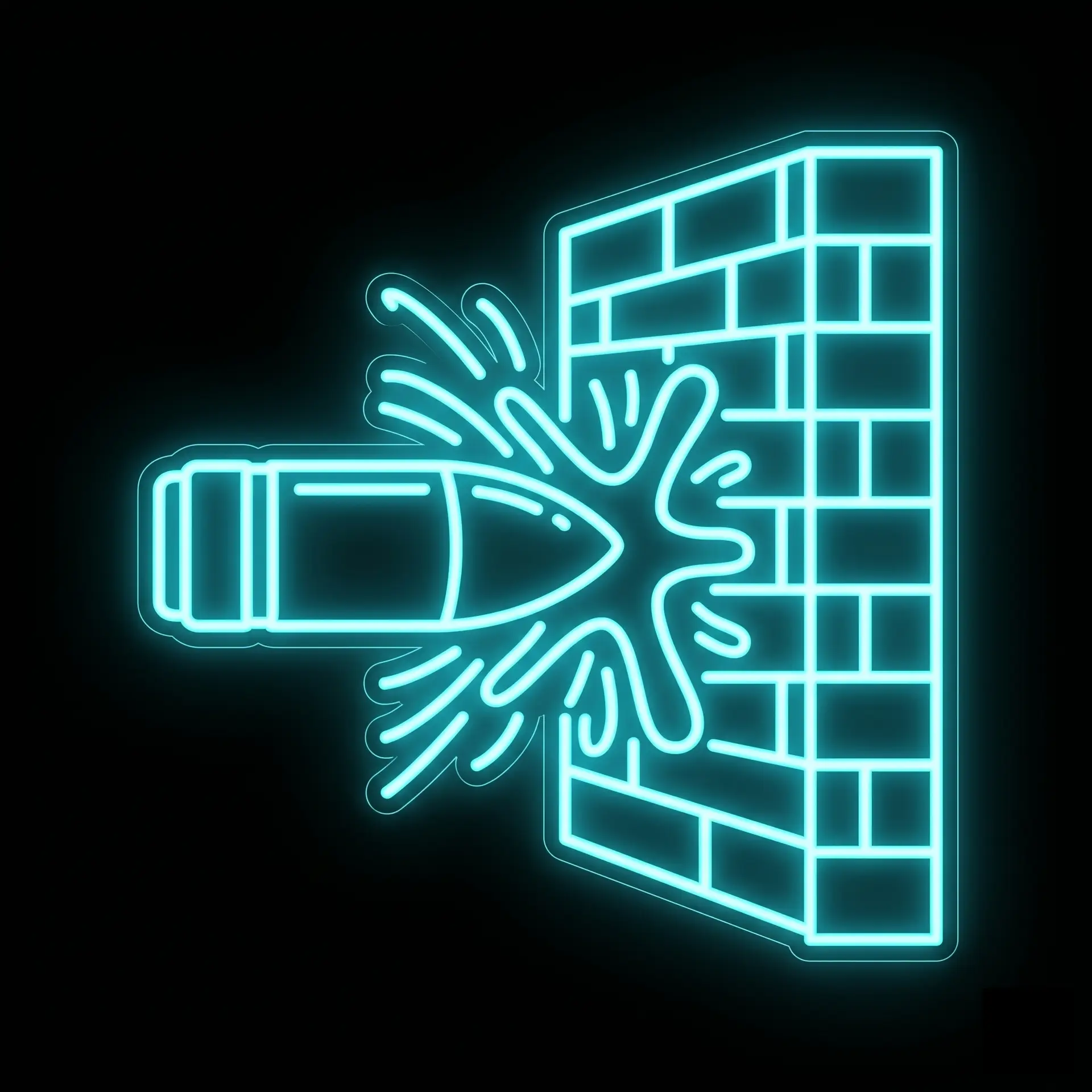 Neon blue line drawing of a hand reaching toward a grid-like map or blueprint on a black background.
