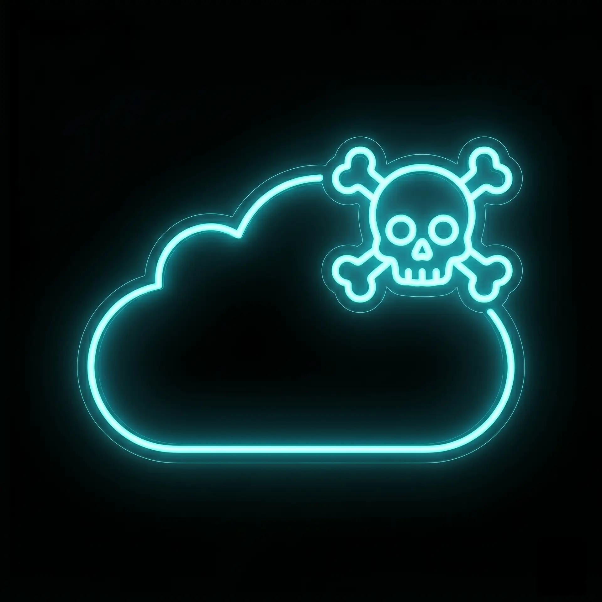 Neon blue skull and crossbones outline glowing against a dark background.