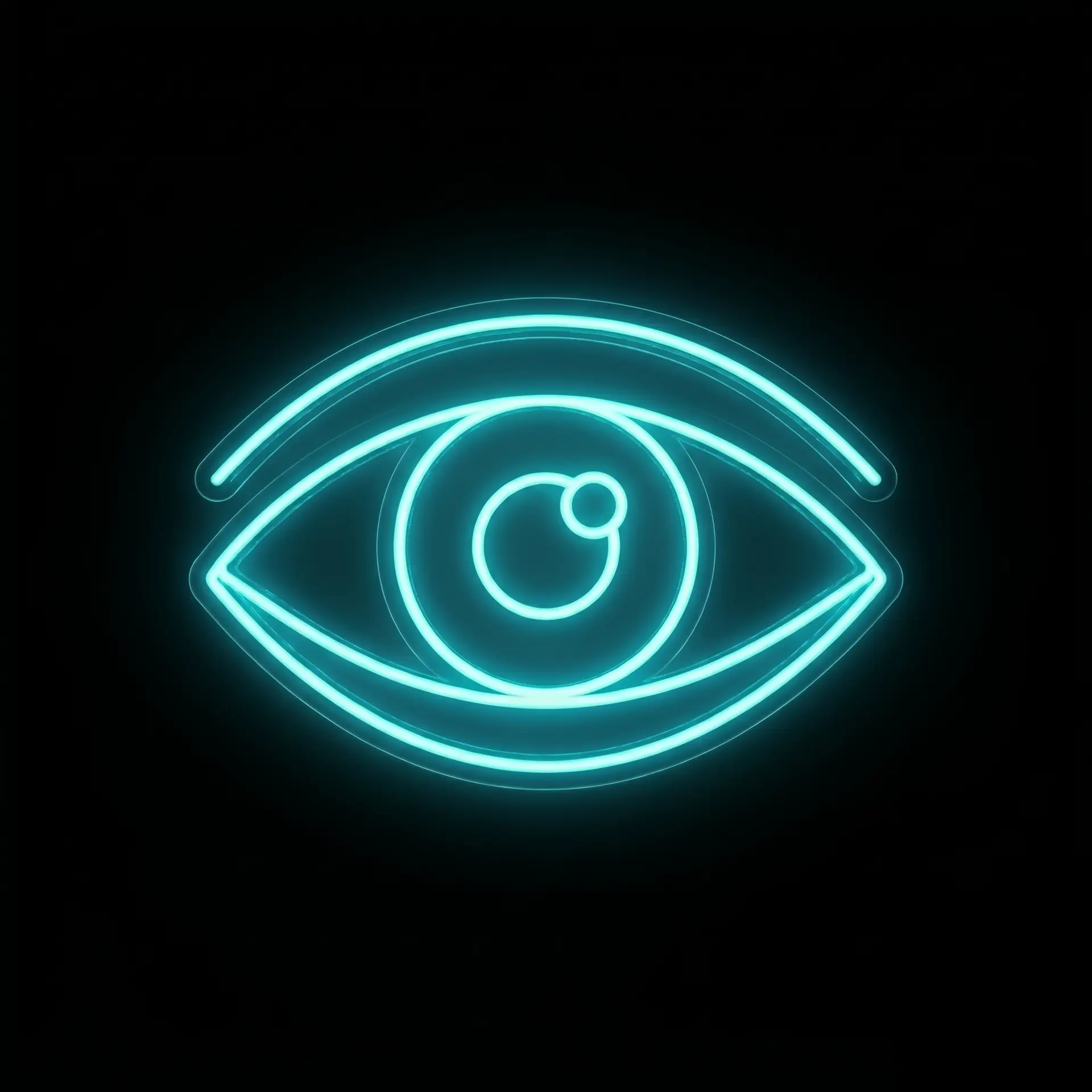 Blue-green neon circular rings glow against a black background, forming an abstract, glowing halo pattern.