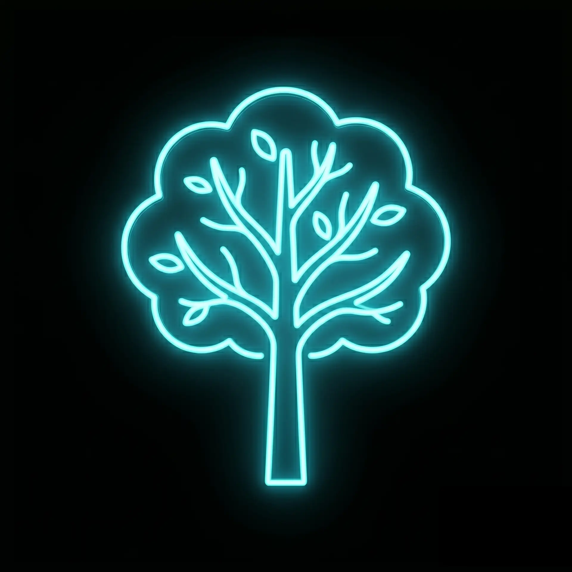 Turquoise neon sign showing a tree inside a cloud silhouette against a dark background.