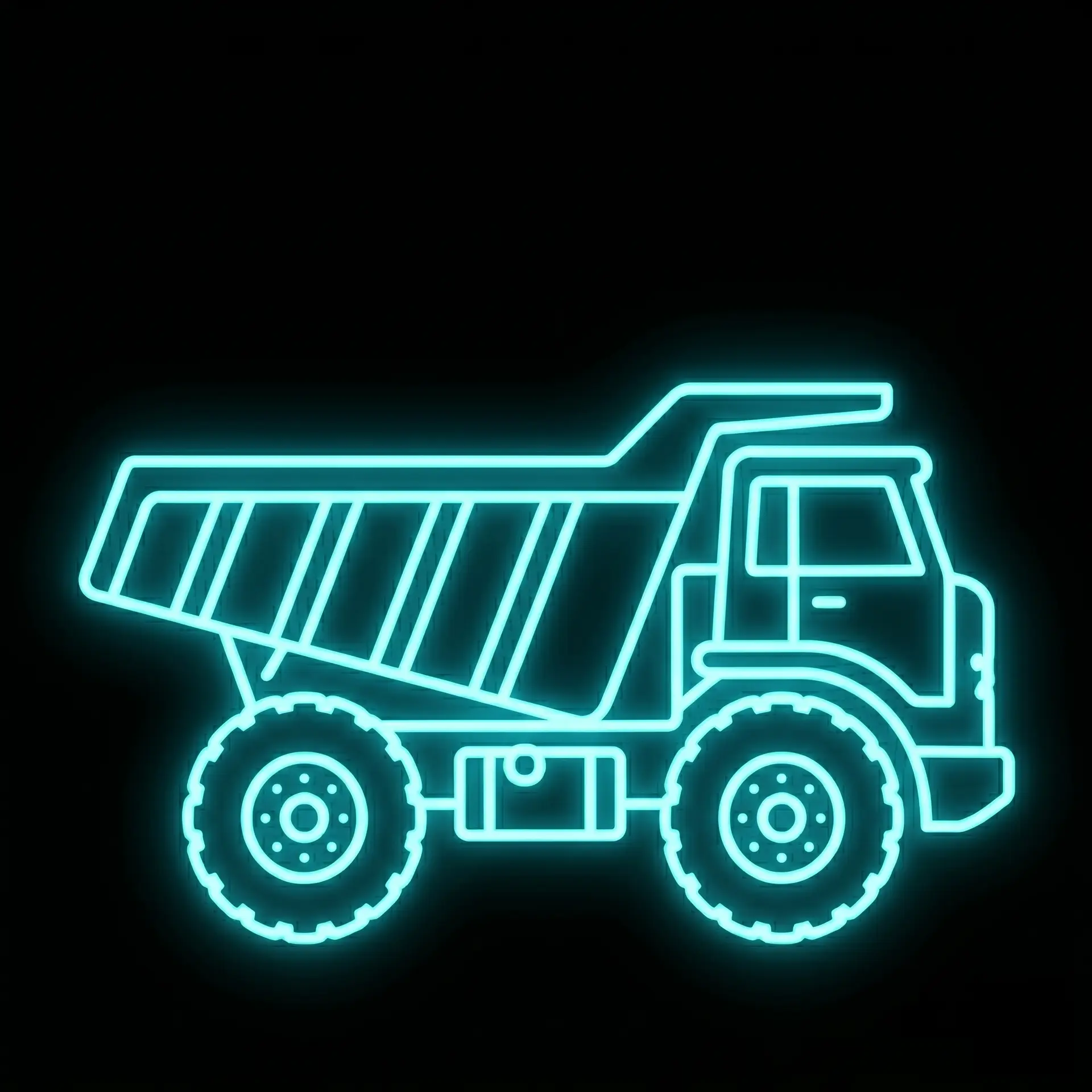 Neon blue outline of a construction excavator with a long arm and bucket on a dark background.