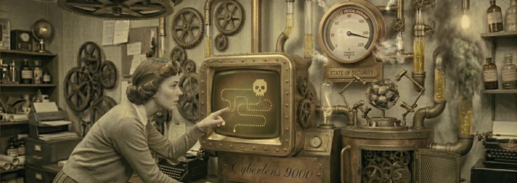 Woman in a vintage lab operates a brass steampunk computer displaying a dotted maze and skull icon on the screen.