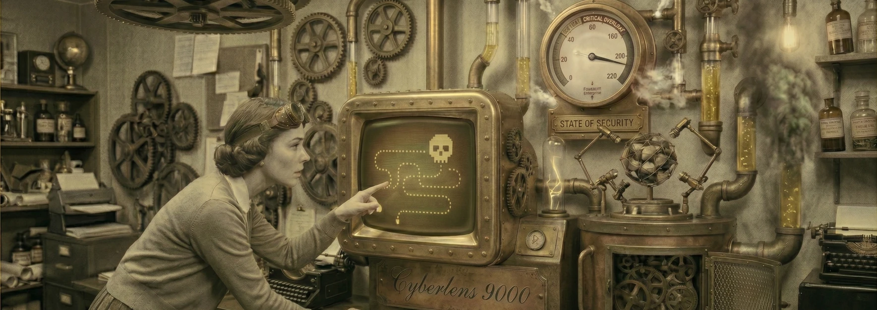 Woman in a vintage lab operates a brass steampunk computer displaying a dotted maze and skull icon on the screen.