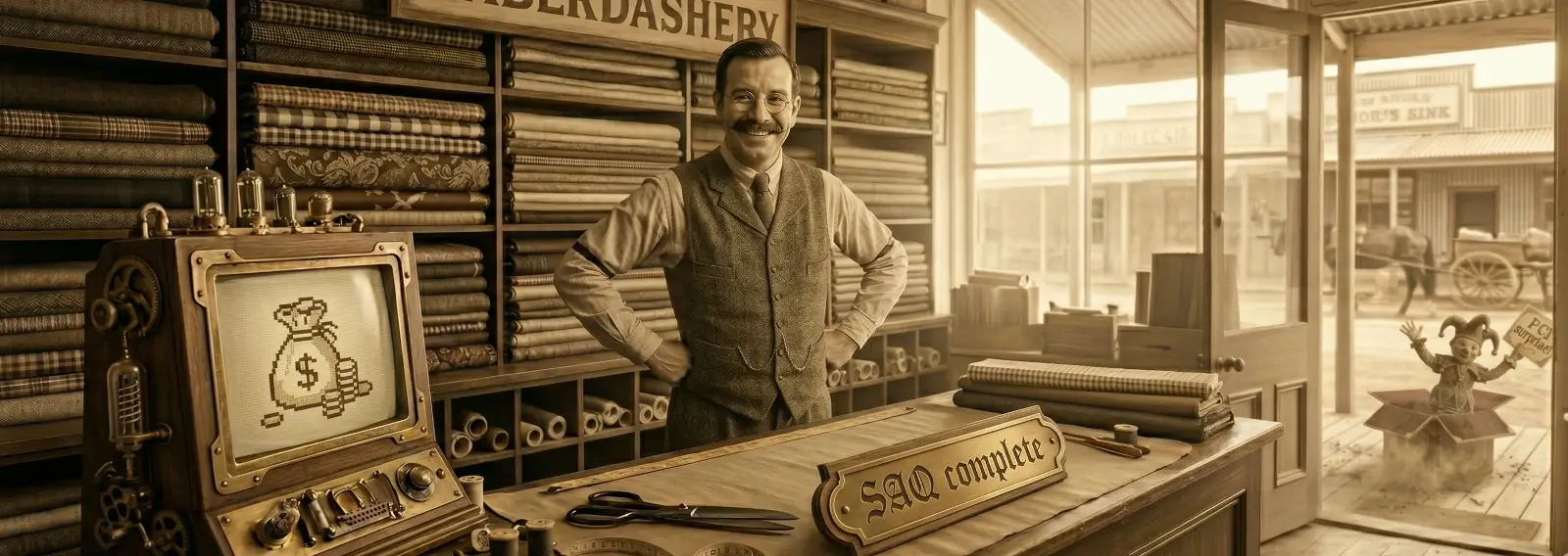 Vintage tailor shop: man in a vest stands behind a counter with an early cash register displaying a money-bag icon; sepia tone vignette.