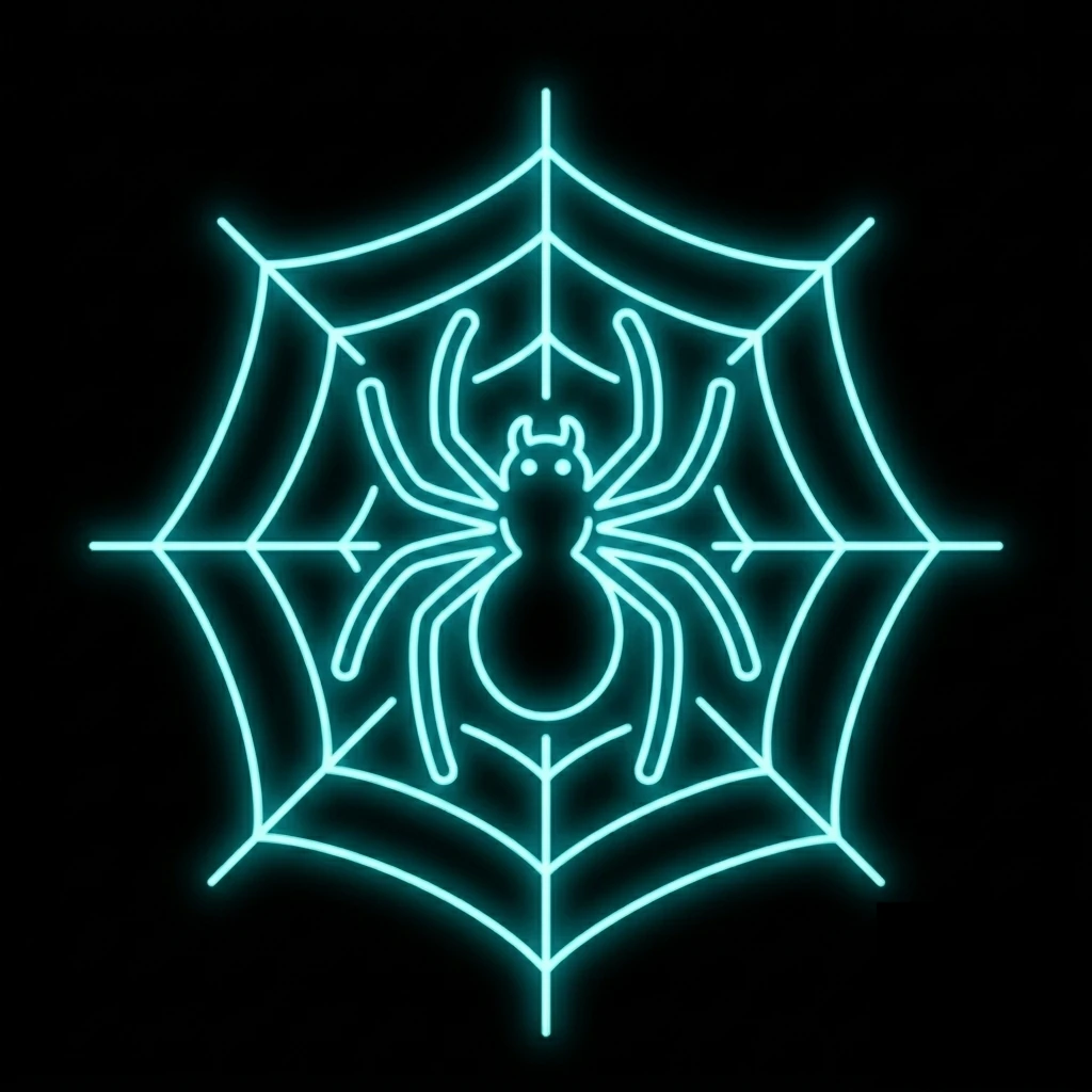 Neon turquoise spider centered in a glowing web against a black background, Halloween-themed decoration.