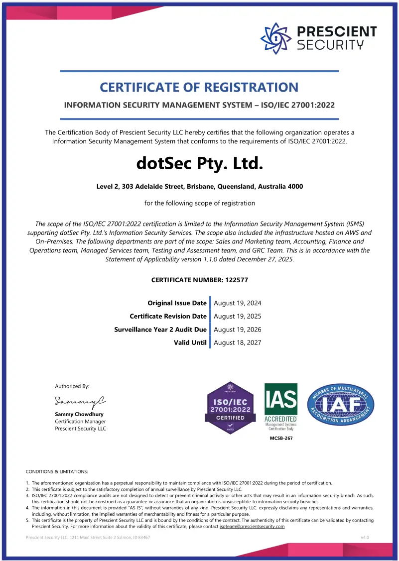 DotSec ISO/IEC 27001:2022 certificate of conformance