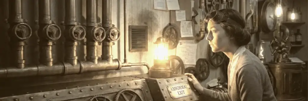 Woman in vintage steampunk workshop, wearing goggles, examines a metal control panel with pipes and gauges nearby.